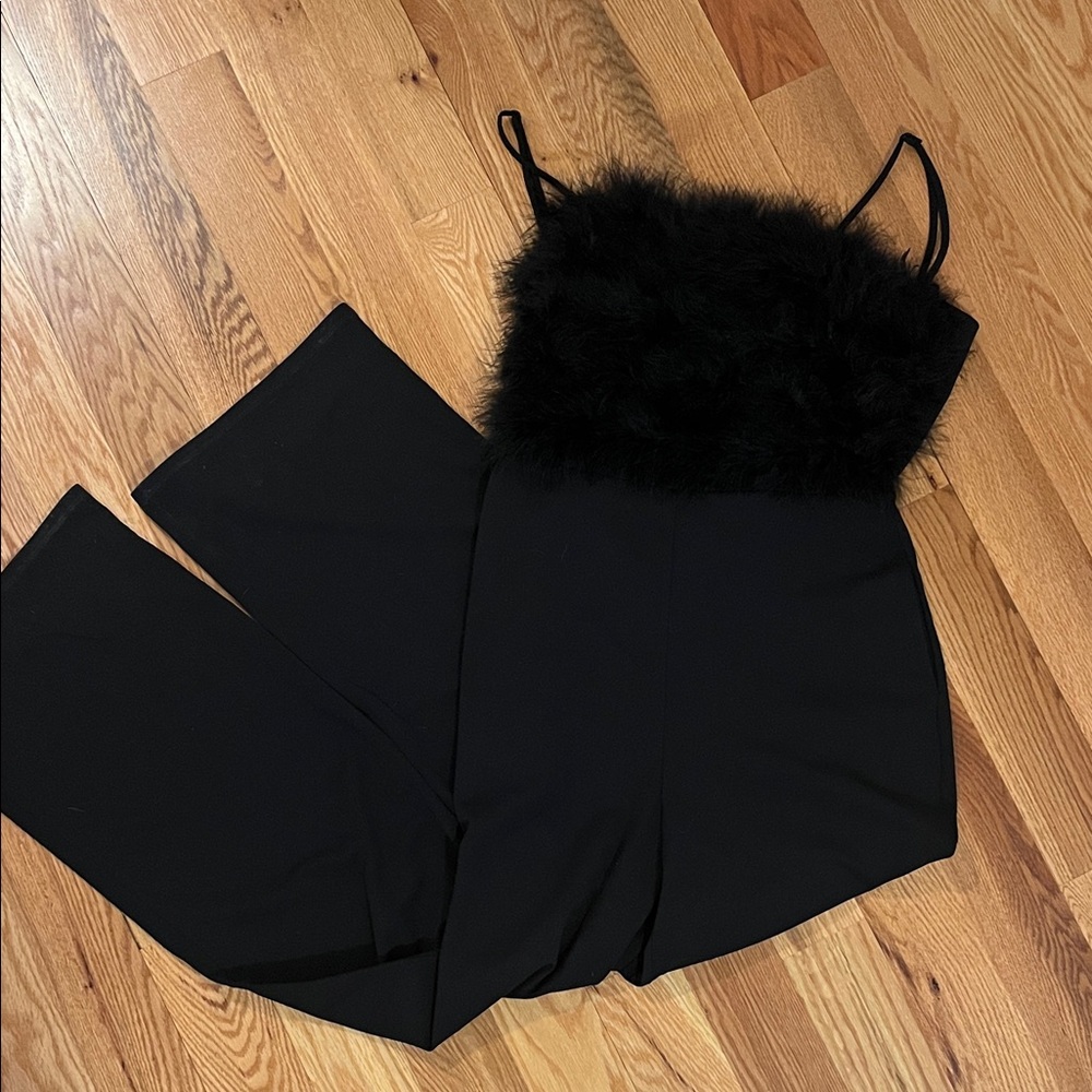 Black Jumpsuit with Faux Fur Detail